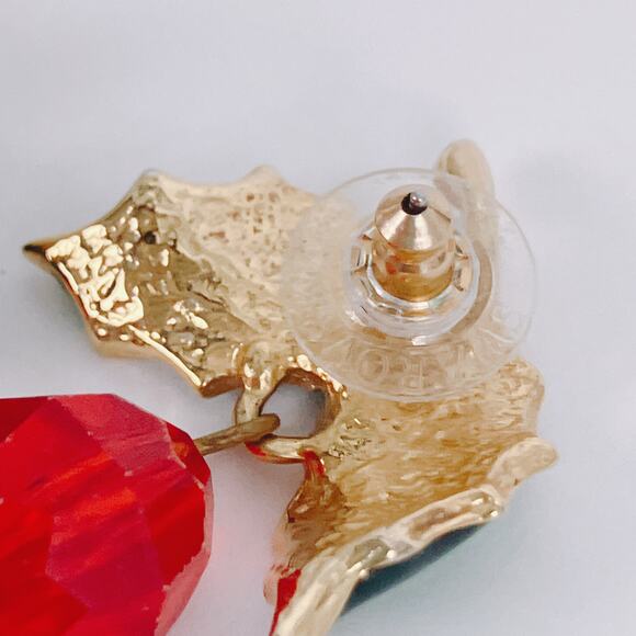 Vintage Christmas Holly Earrings Enamel Leaves Red Acrylic Drops 70s 80s Festive - Picture 7 of 8